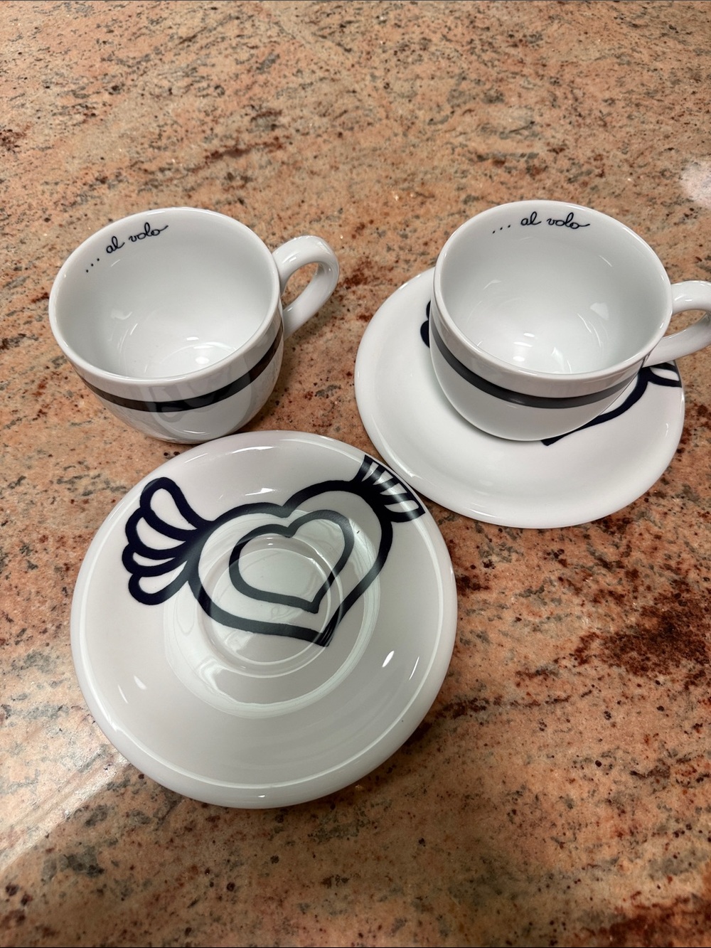 Ceramic Cappuccino & Saucer Set with Navy Heart Motif - 2pc from Italy